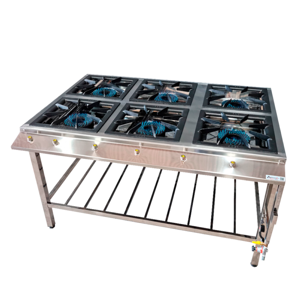 Fogão Sob Medida em Aço Inox 430, 1400x1000x800mm 6 bocas de alta pressão, com grades, bandeja coletora de resíduos e grade-Irmãos Braun Soluções em Inoxidáveis