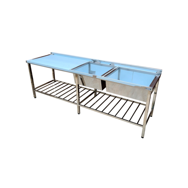 Mesa Pia Aço Inox Industrial C/ Paneleiro E Duas Cubas 50x40x25cm - 200x70x90cm -Irmãos Braun Soluções em Inoxidáveis