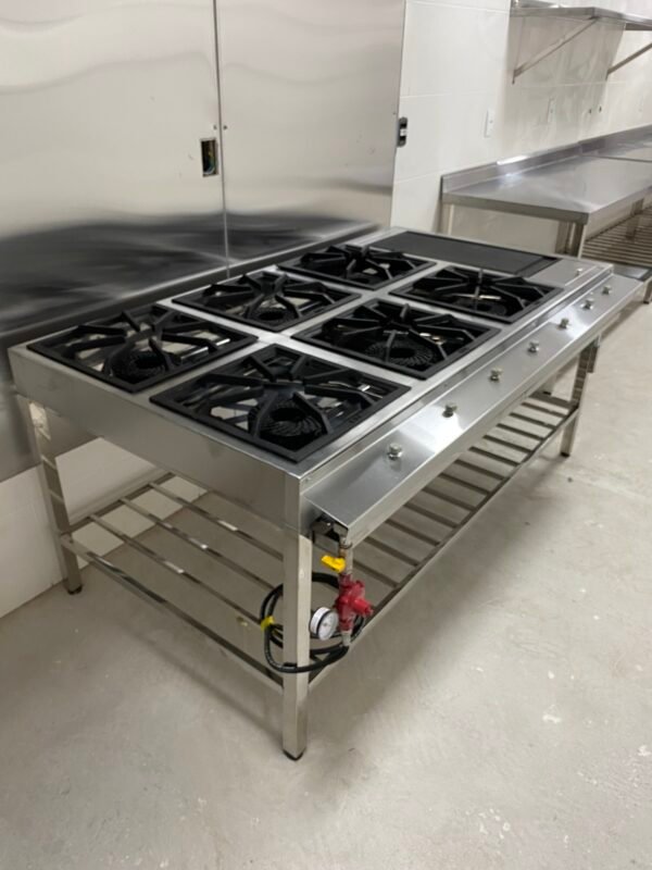 Fogão Sob Medida em Aço Inox 430, 1400x1000x800mm 6 bocas de alta pressão, com grades, bandeja coletora de resíduos e grade-Irmãos Braun Soluções em Inoxidáveis - Imagem 2
